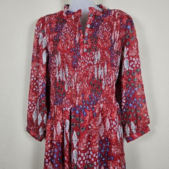 Loft Garden Smocked Bodice Tiered Maxi Dress Floral Long Sleeve Red 12 Large NWT - Picture 8 of 16